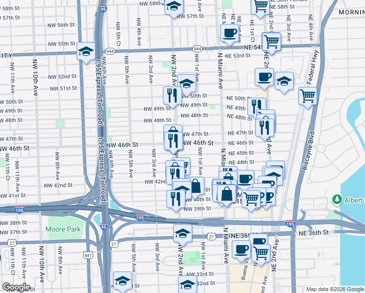 map of restaurants, bars, coffee shops, grocery stores, and more near 165 Northwest 46th Street in Miami