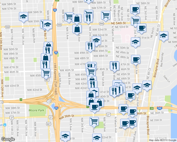 map of restaurants, bars, coffee shops, grocery stores, and more near 235 Northwest 46th Street in Miami