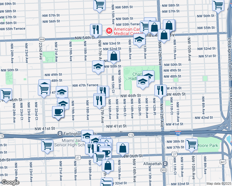 map of restaurants, bars, coffee shops, grocery stores, and more near 4656 Northwest 15th Court in Miami