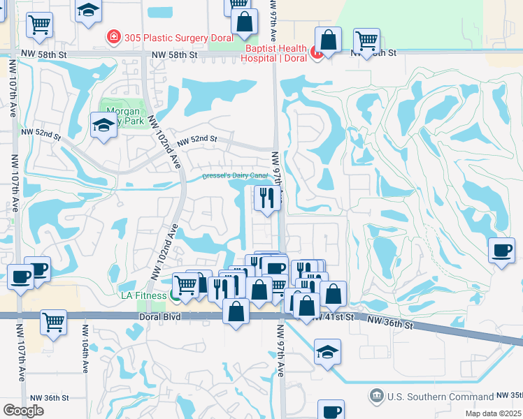 map of restaurants, bars, coffee shops, grocery stores, and more near 4869 Northwest 97th Place in Doral