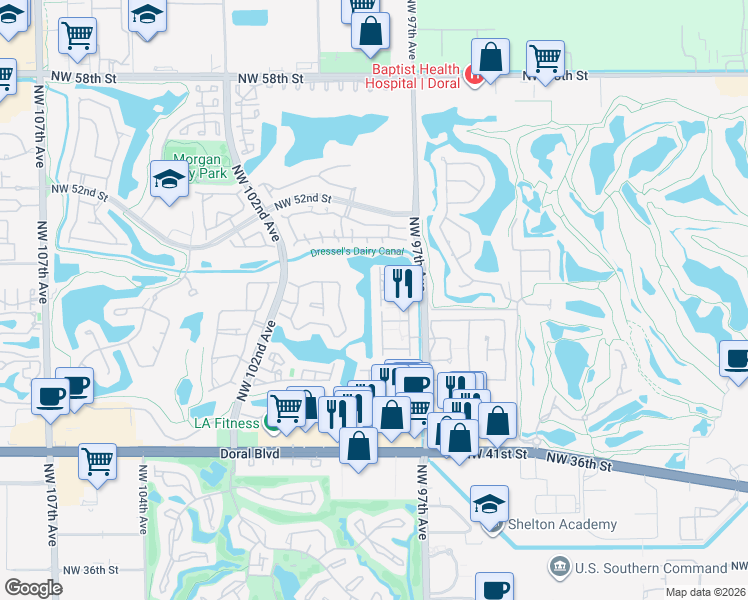 map of restaurants, bars, coffee shops, grocery stores, and more near 4869 Northwest 97th Place in Doral