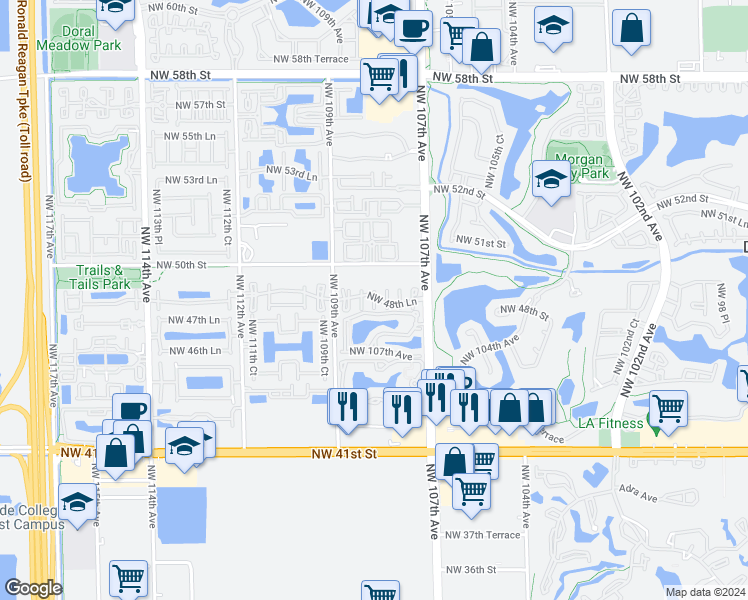 map of restaurants, bars, coffee shops, grocery stores, and more near 4896 Northwest 107th Passage in Doral