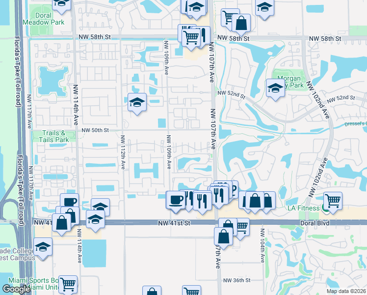 map of restaurants, bars, coffee shops, grocery stores, and more near 4889 Northwest 108th Path in Doral