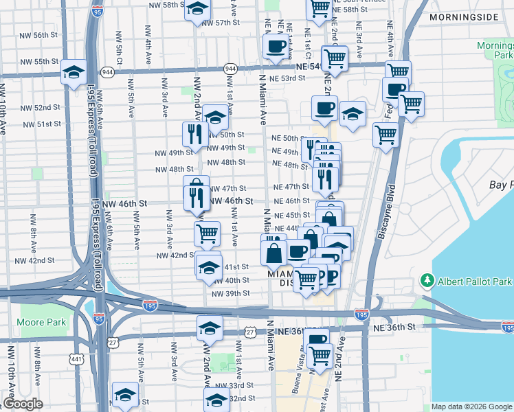 map of restaurants, bars, coffee shops, grocery stores, and more near 30 Northwest 46th Street in Miami