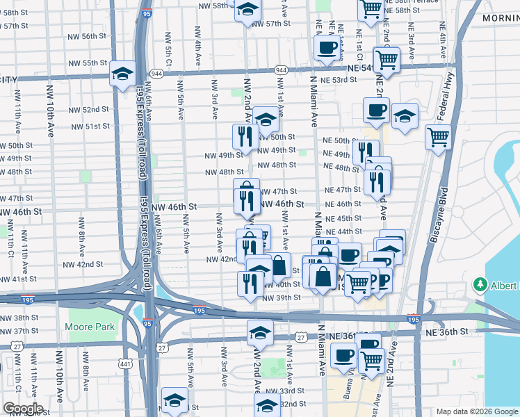 map of restaurants, bars, coffee shops, grocery stores, and more near 165 Northwest 46th Street in Miami