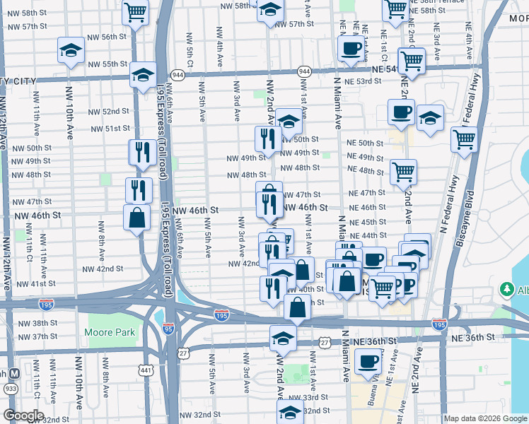 map of restaurants, bars, coffee shops, grocery stores, and more near 235 Northwest 46th Street in Miami