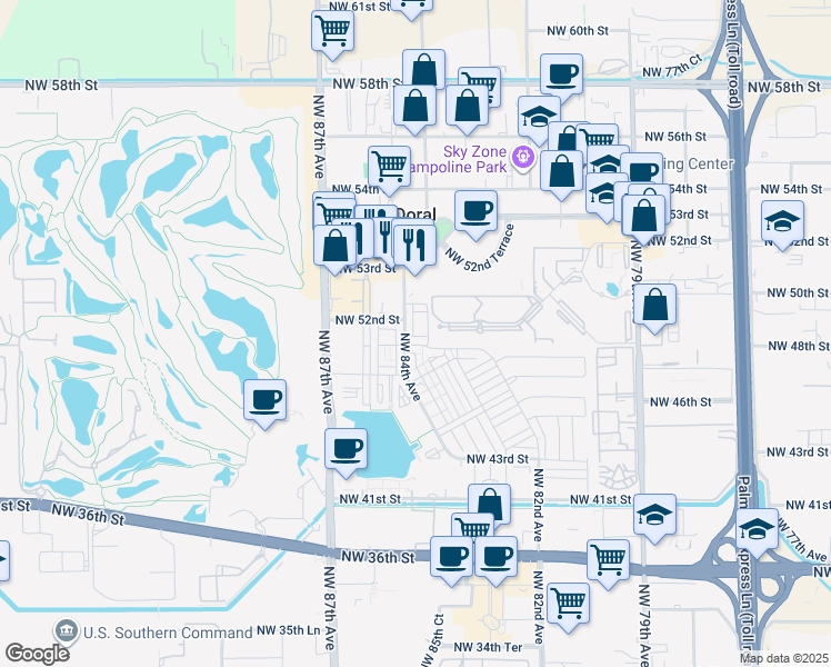 map of restaurants, bars, coffee shops, grocery stores, and more near 5166 Northwest 83rd Court in Doral