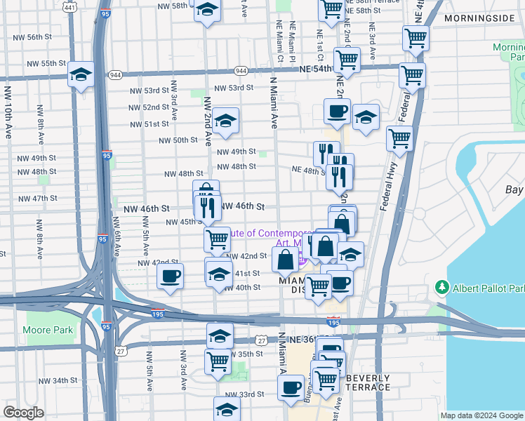 map of restaurants, bars, coffee shops, grocery stores, and more near in Miami