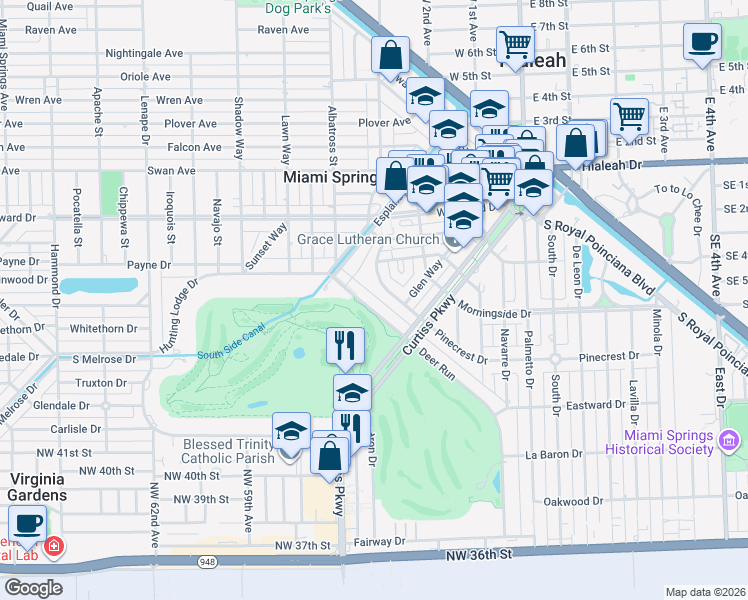 map of restaurants, bars, coffee shops, grocery stores, and more near 142 Pinecrest Drive in Miami Springs