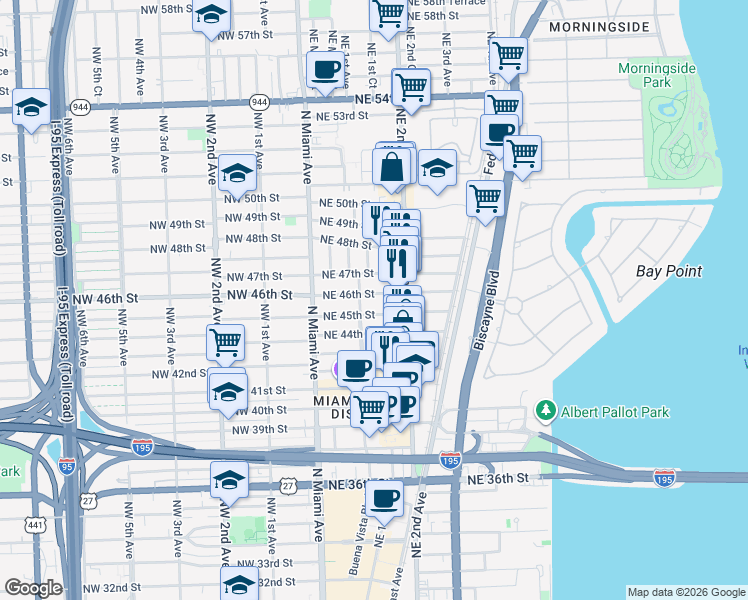 map of restaurants, bars, coffee shops, grocery stores, and more near 129 Northeast 46th Street in Miami