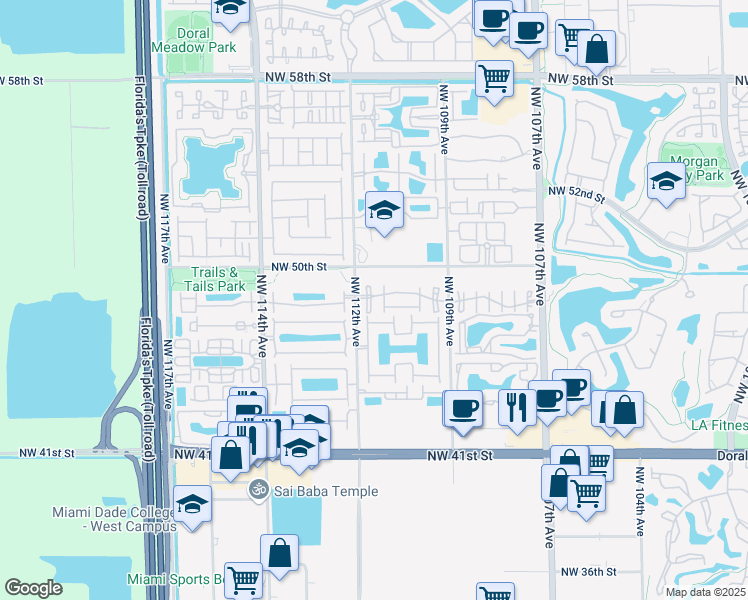 map of restaurants, bars, coffee shops, grocery stores, and more near 4865 Northwest 111th Avenue in Doral