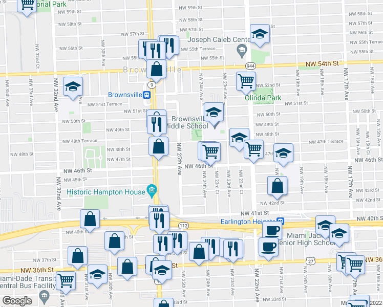 map of restaurants, bars, coffee shops, grocery stores, and more near 4771 Northwest 24th Court in Miami