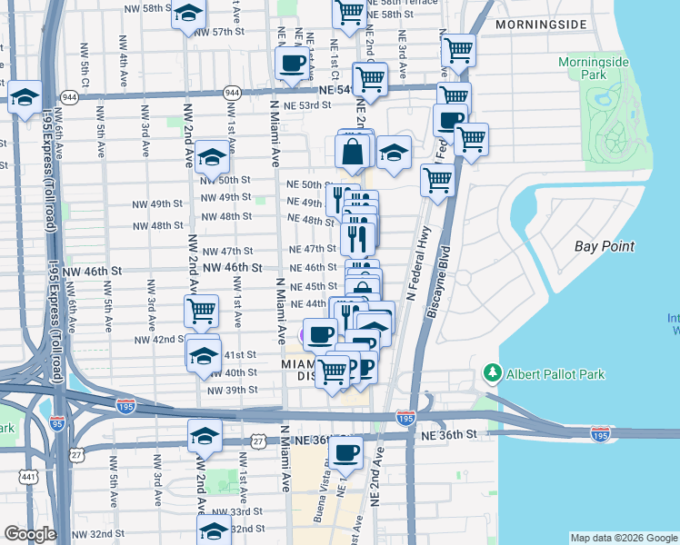 map of restaurants, bars, coffee shops, grocery stores, and more near 129 Northeast 46th Street in Miami