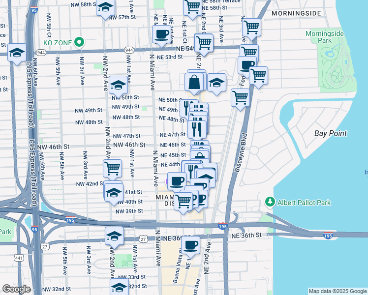 map of restaurants, bars, coffee shops, grocery stores, and more near 129 Northeast 46th Street in Miami