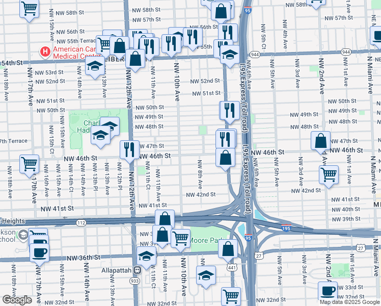 map of restaurants, bars, coffee shops, grocery stores, and more near 910 Northwest 47th Street in Miami