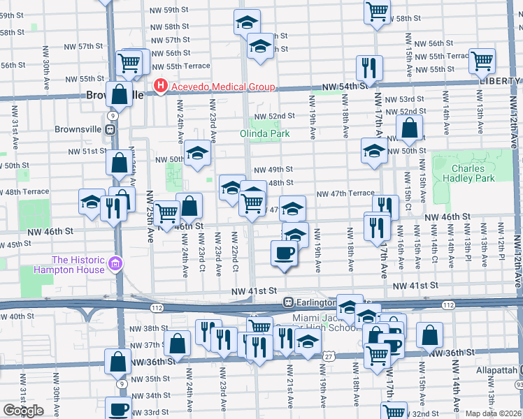 map of restaurants, bars, coffee shops, grocery stores, and more near 2194 Northwest 47th Terrace in Miami