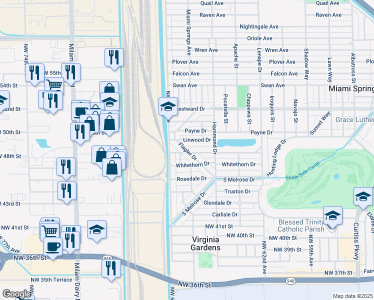 map of restaurants, bars, coffee shops, grocery stores, and more near 368 Linwood Drive in Miami Springs
