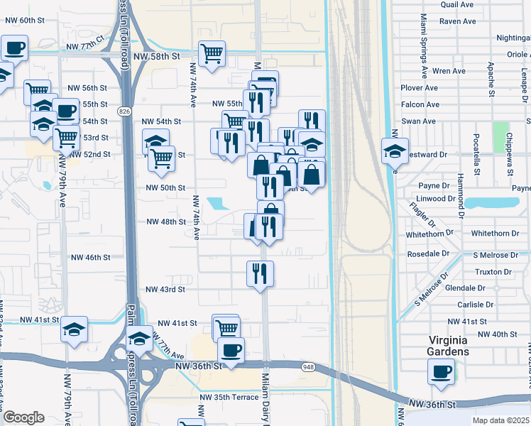 map of restaurants, bars, coffee shops, grocery stores, and more near 4905 Northwest 72nd Avenue in Miami