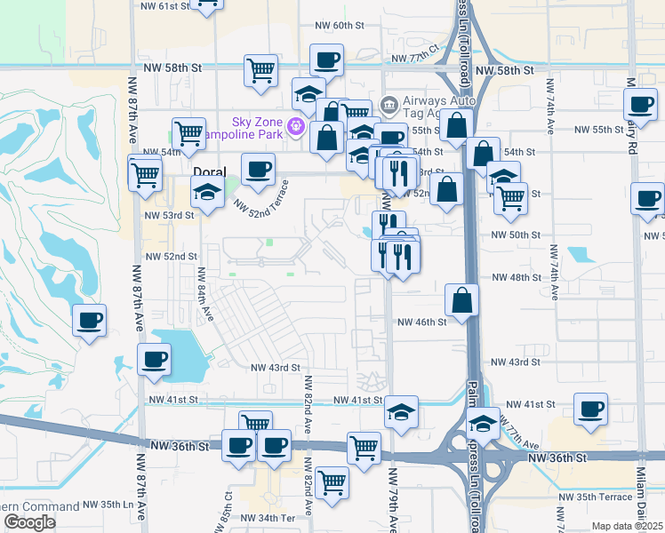 map of restaurants, bars, coffee shops, grocery stores, and more near 8100 Geneva Court in Doral