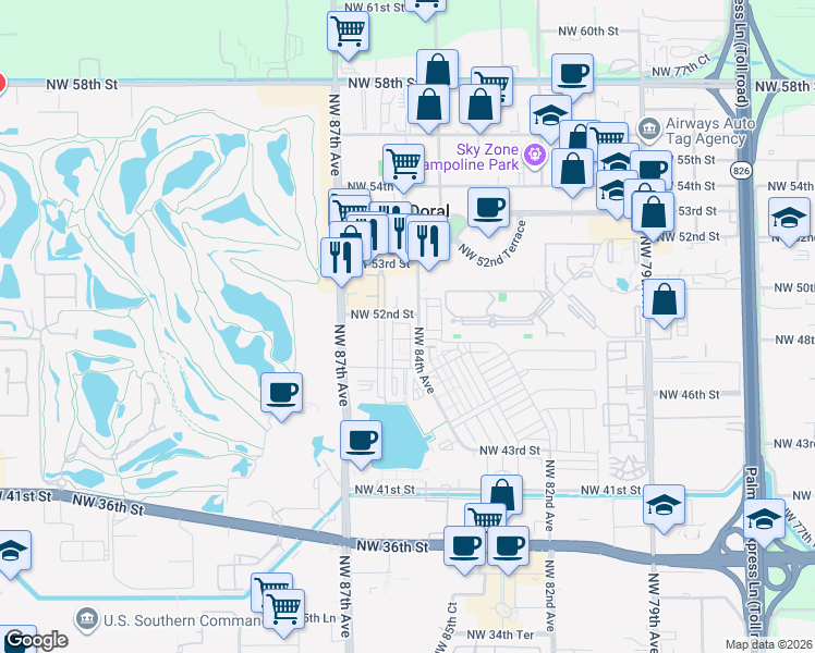 map of restaurants, bars, coffee shops, grocery stores, and more near 8478 Northwest 52nd Street in Doral