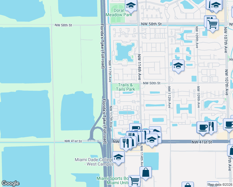 map of restaurants, bars, coffee shops, grocery stores, and more near 11625 Northwest 48th Lane in Doral