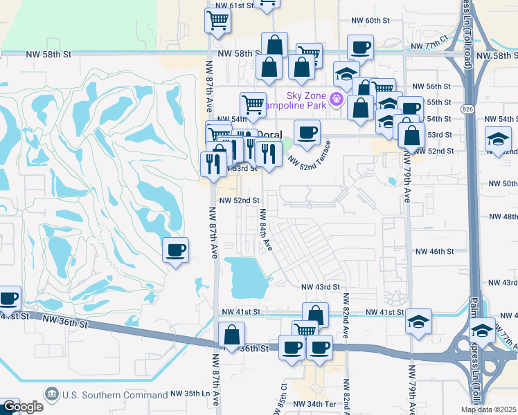 map of restaurants, bars, coffee shops, grocery stores, and more near 8478 Northwest 52nd Street in Doral