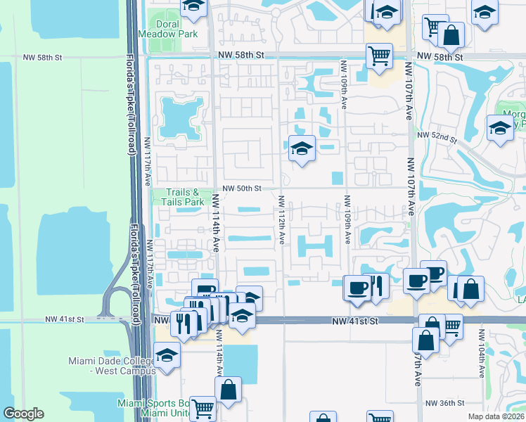 map of restaurants, bars, coffee shops, grocery stores, and more near 11251 Northwest 48th Terrace in Doral