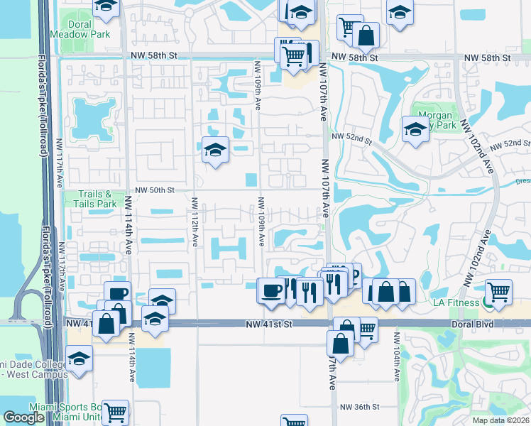 map of restaurants, bars, coffee shops, grocery stores, and more near 4889 Northwest 108th Path in Doral