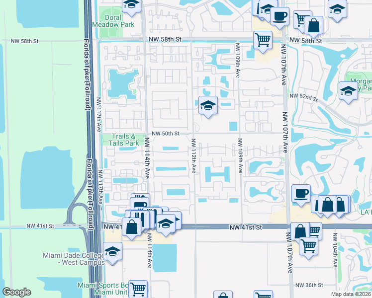 map of restaurants, bars, coffee shops, grocery stores, and more near 11251 Northwest 48th Terrace in Doral