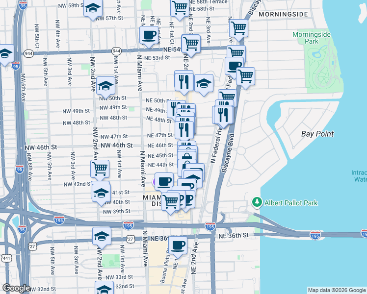 map of restaurants, bars, coffee shops, grocery stores, and more near 201 Northeast 46th Street in Miami