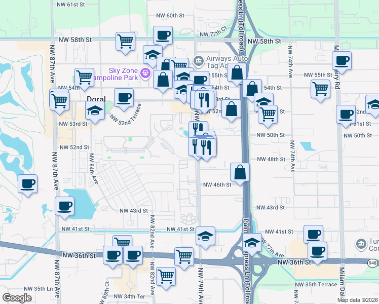 map of restaurants, bars, coffee shops, grocery stores, and more near 4810 Northwest 79th Avenue in Doral