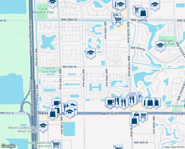 map of restaurants, bars, coffee shops, grocery stores, and more near 11023 Northwest 48th Lane in Doral