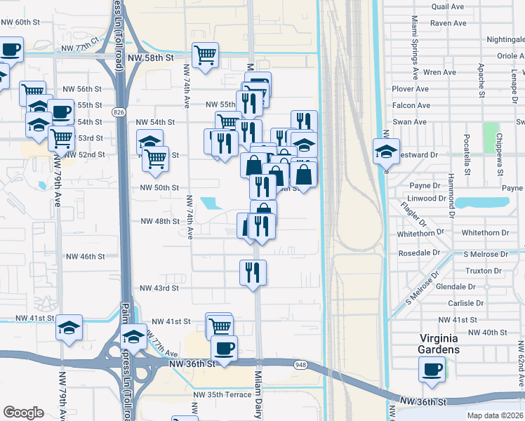 map of restaurants, bars, coffee shops, grocery stores, and more near 4905 Northwest 72nd Avenue in Miami