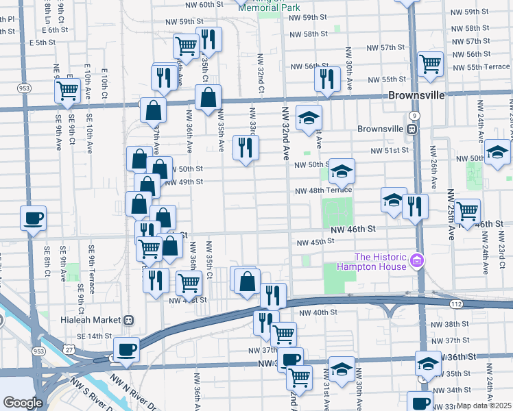 map of restaurants, bars, coffee shops, grocery stores, and more near 3255 Northwest 48th Street in Miami