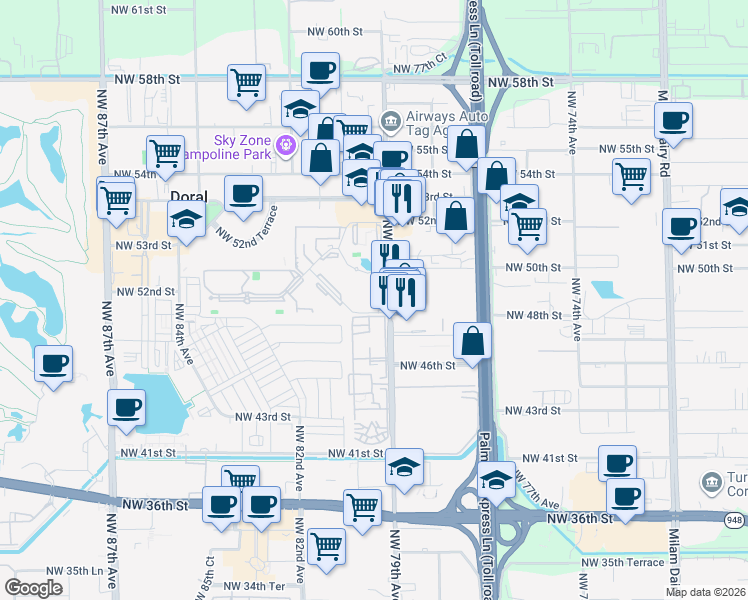 map of restaurants, bars, coffee shops, grocery stores, and more near 4810 Northwest 79th Avenue in Doral