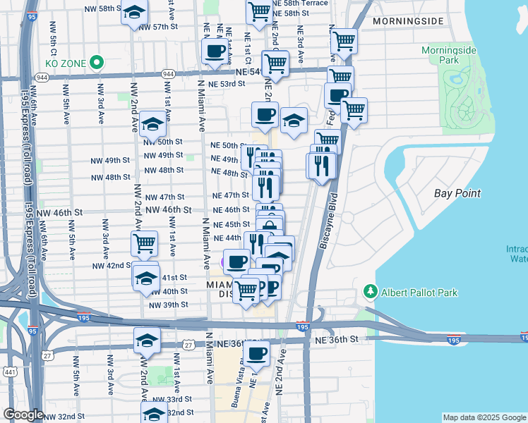 map of restaurants, bars, coffee shops, grocery stores, and more near 201 Northeast 46th Street in Miami