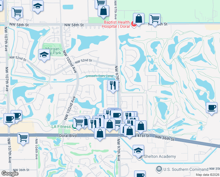 map of restaurants, bars, coffee shops, grocery stores, and more near 4869 Northwest 97th Place in Doral