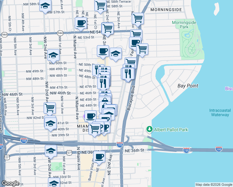 map of restaurants, bars, coffee shops, grocery stores, and more near 259 Northeast 46th Street in Miami