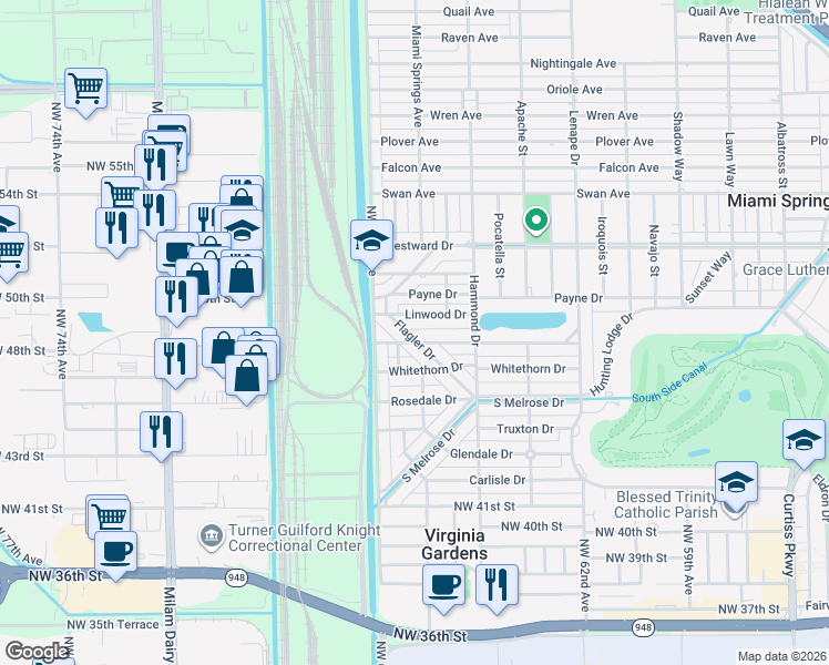 map of restaurants, bars, coffee shops, grocery stores, and more near 368 Linwood Drive in Miami Springs