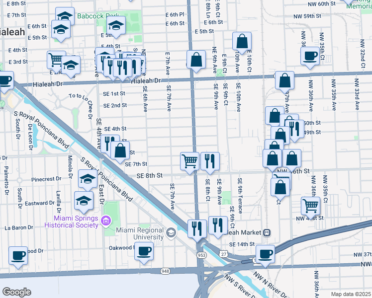 map of restaurants, bars, coffee shops, grocery stores, and more near 560 Florida 953 in Hialeah