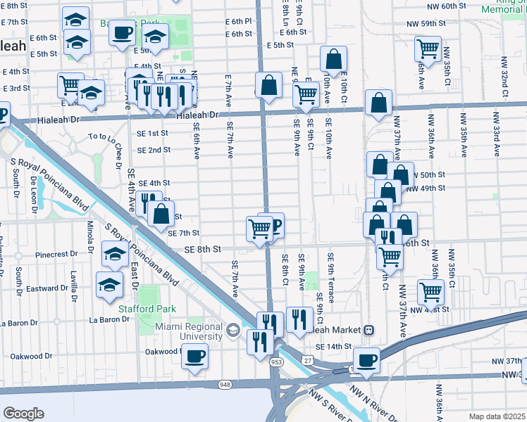 map of restaurants, bars, coffee shops, grocery stores, and more near 560 Florida 953 in Hialeah