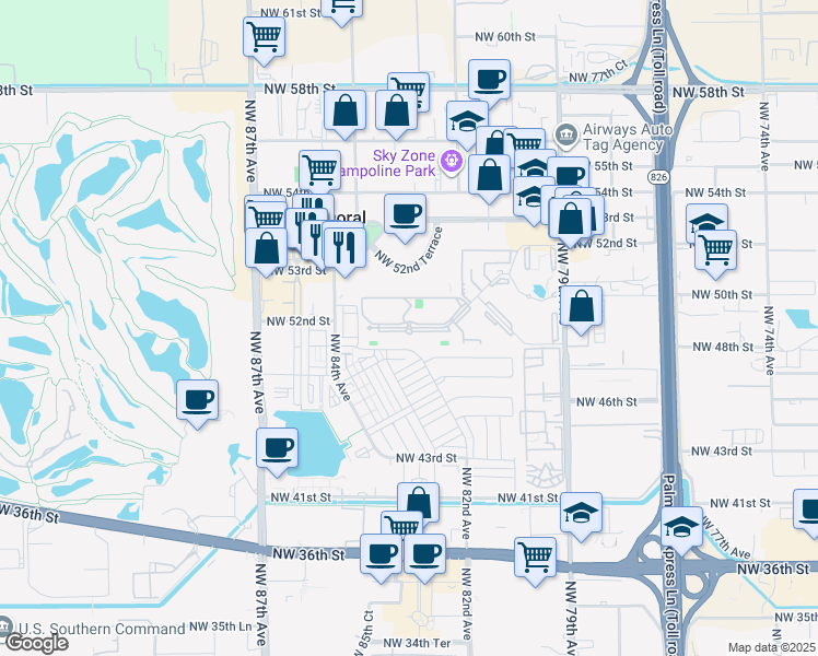 map of restaurants, bars, coffee shops, grocery stores, and more near 8255 Lake Drive in Doral