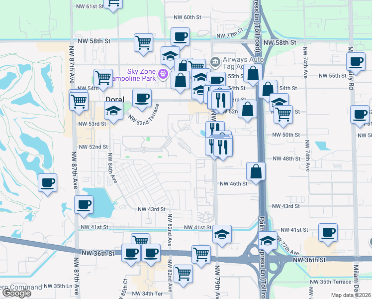 map of restaurants, bars, coffee shops, grocery stores, and more near 8100 Geneva Court in Doral