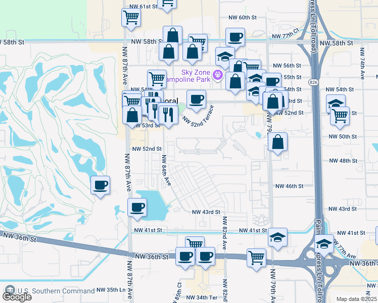 map of restaurants, bars, coffee shops, grocery stores, and more near 8333 Lake Drive in Doral