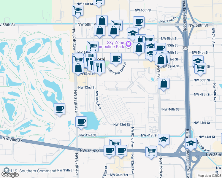 map of restaurants, bars, coffee shops, grocery stores, and more near 8333 Lake Drive in Doral