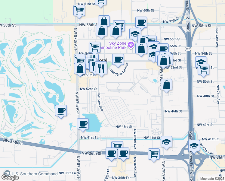 map of restaurants, bars, coffee shops, grocery stores, and more near 8333 Lake Drive in Doral