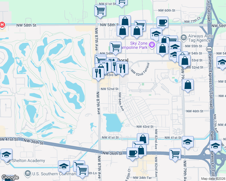 map of restaurants, bars, coffee shops, grocery stores, and more near 8478 Northwest 52nd Street in Doral