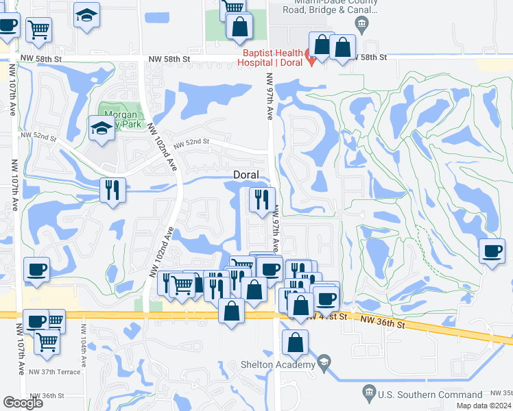 map of restaurants, bars, coffee shops, grocery stores, and more near 4869 Northwest 97th Place in Doral