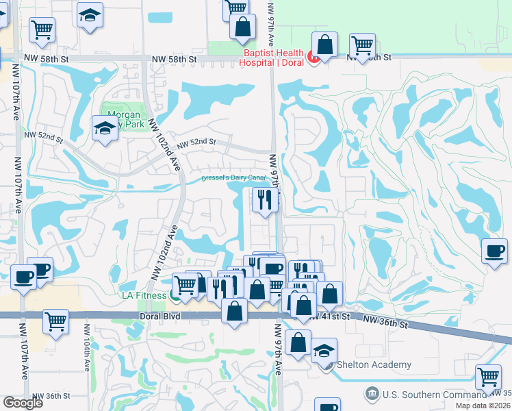map of restaurants, bars, coffee shops, grocery stores, and more near 4869 Northwest 97th Place in Doral