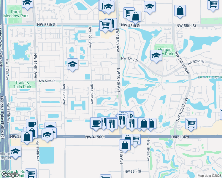 map of restaurants, bars, coffee shops, grocery stores, and more near 4896 Northwest 107th Passage in Doral